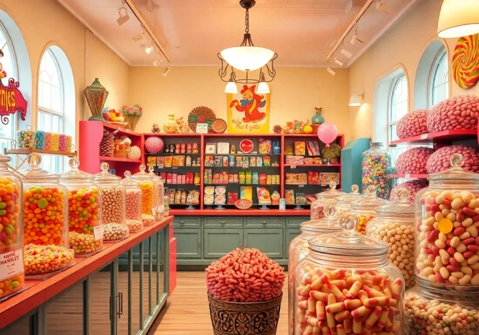 Explore the charm of a candy store near me, filled with vibrant candy jars and sweet delights.