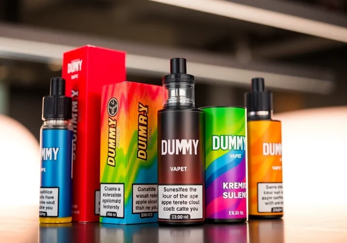 Showcase different dummy vapes with visible price tags, highlighting various flavors and styles.