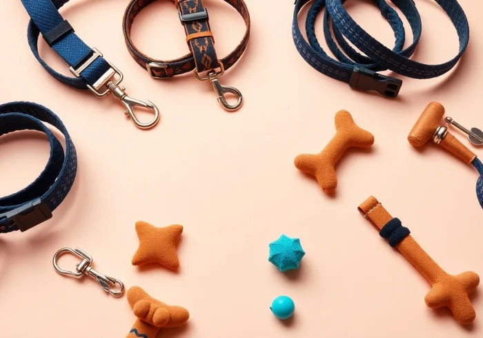 Showcase an array of vibrant pet accessories on a soft background, highlighting the variety available for pet lovers.