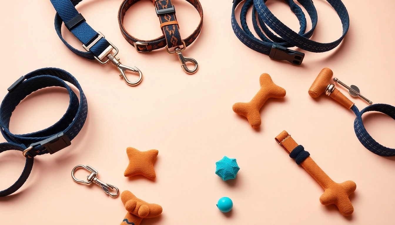 Showcase an array of vibrant pet accessories on a soft background, highlighting the variety available for pet lovers.