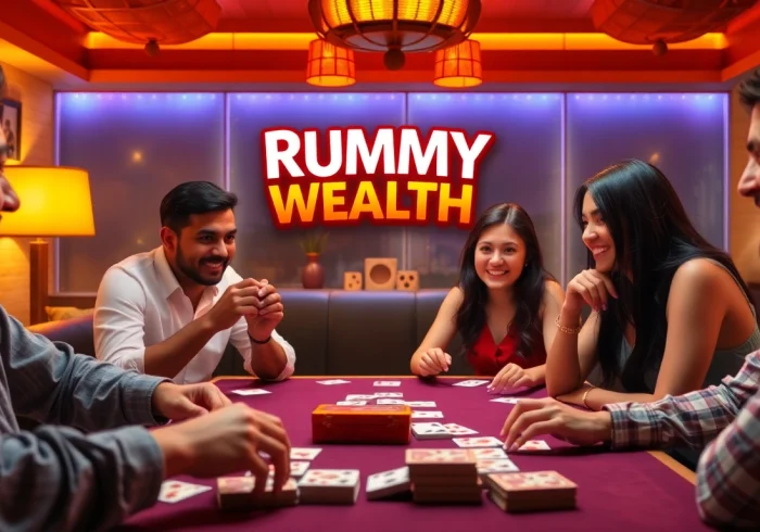 Players enjoying the Rummy Wealth card game in a lively setting, featuring bright colors and engaging interactions.