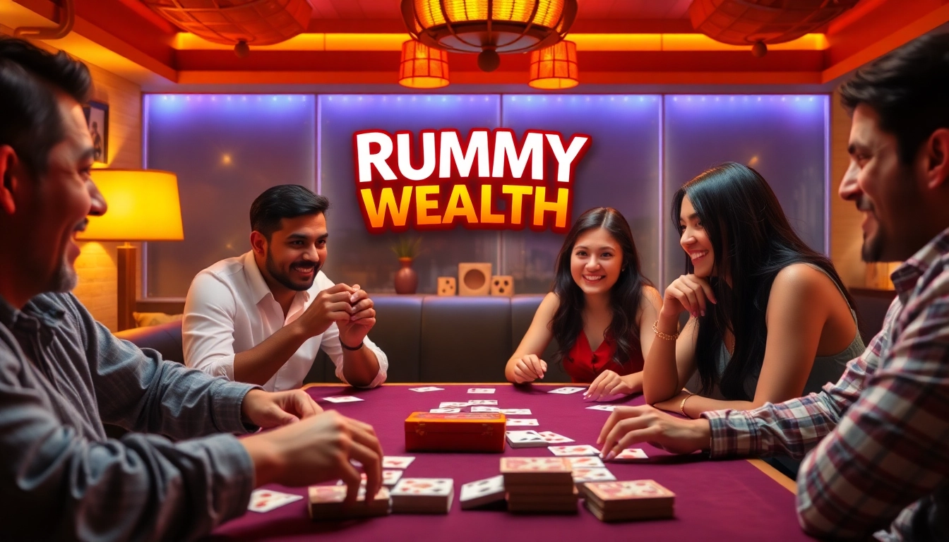 Players enjoying the Rummy Wealth card game in a lively setting, featuring bright colors and engaging interactions.