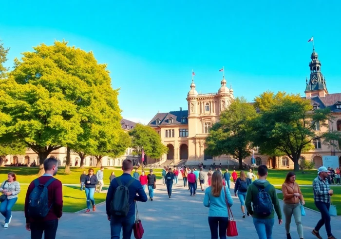 Experience Polonya'da Üniversite Eğitimi with students studying amidst a picturesque campus setting.