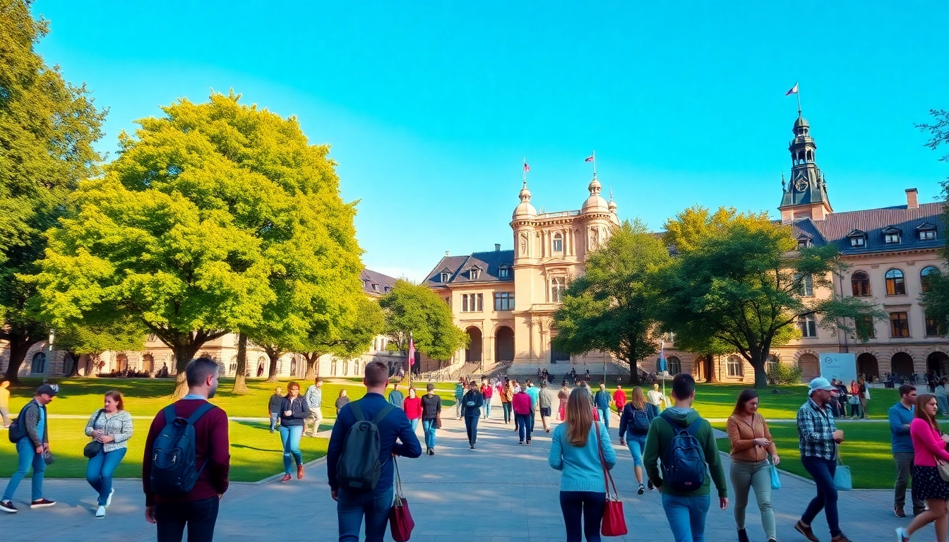 Experience Polonya'da Üniversite Eğitimi with students studying amidst a picturesque campus setting.