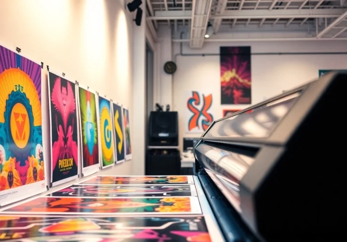 Discover high-quality poster printing Dublin services featuring colorful designs showcased in a modern studio.