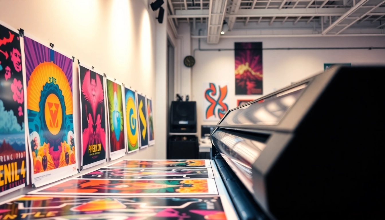 Discover high-quality poster printing Dublin services featuring colorful designs showcased in a modern studio.