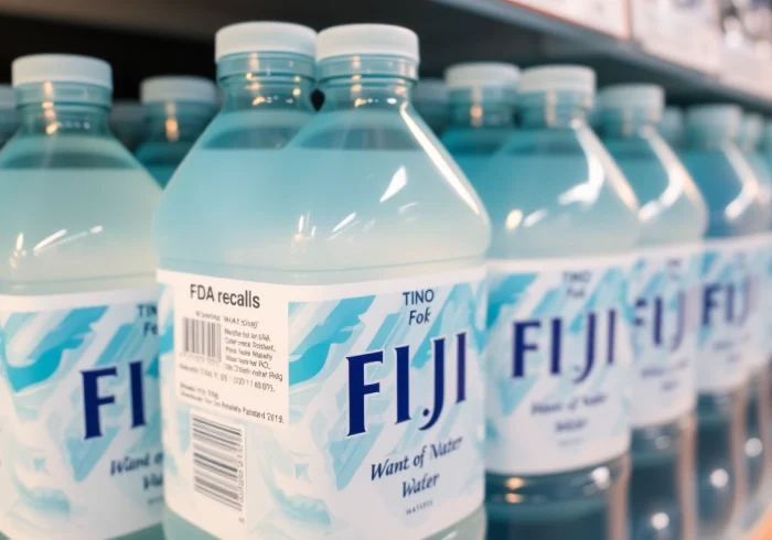 Highlighting FDA recalls Fiji water bottles with a warning label in a retail setting to ensure consumer safety.