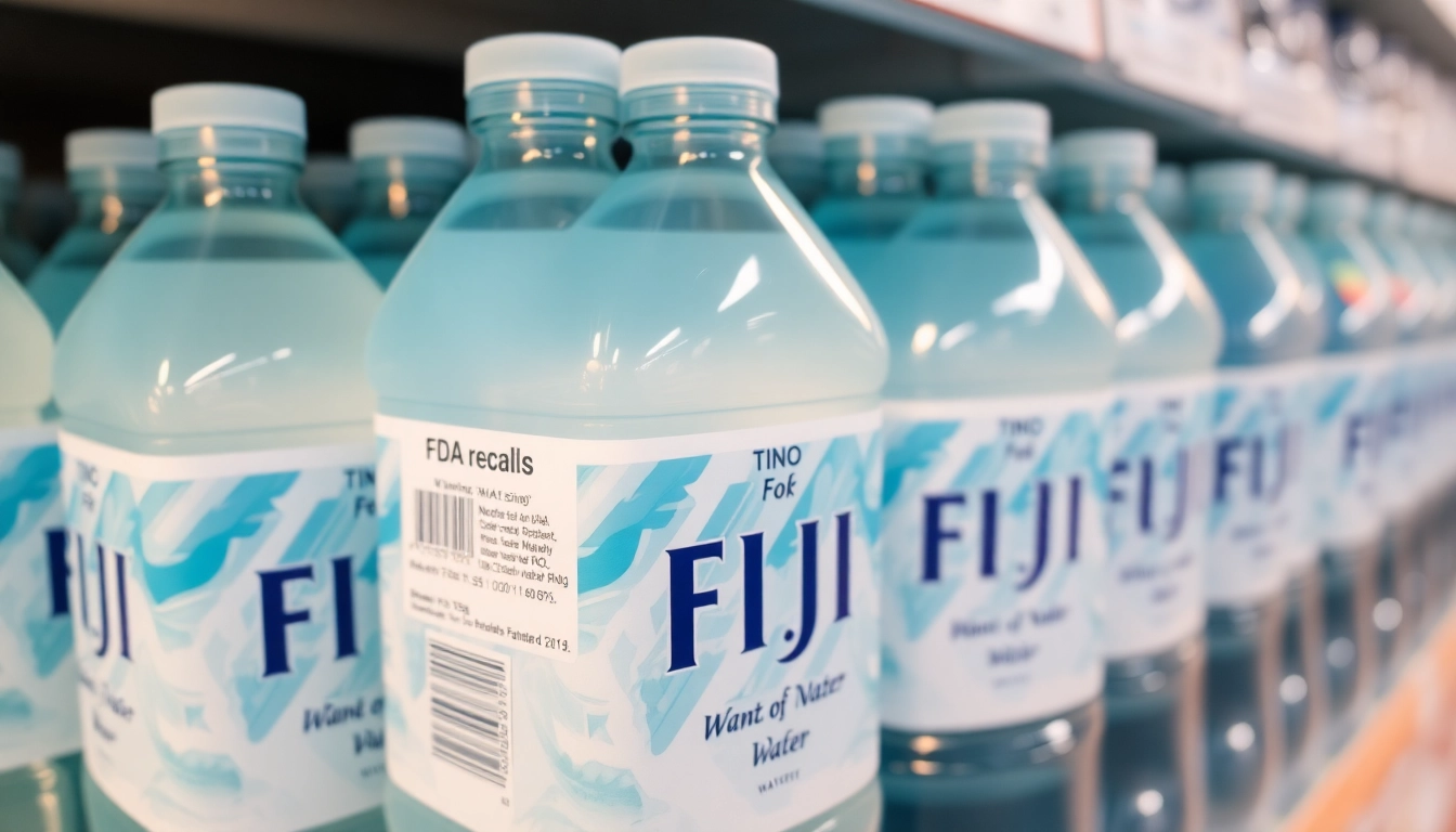 Highlighting FDA recalls Fiji water bottles with a warning label in a retail setting to ensure consumer safety.