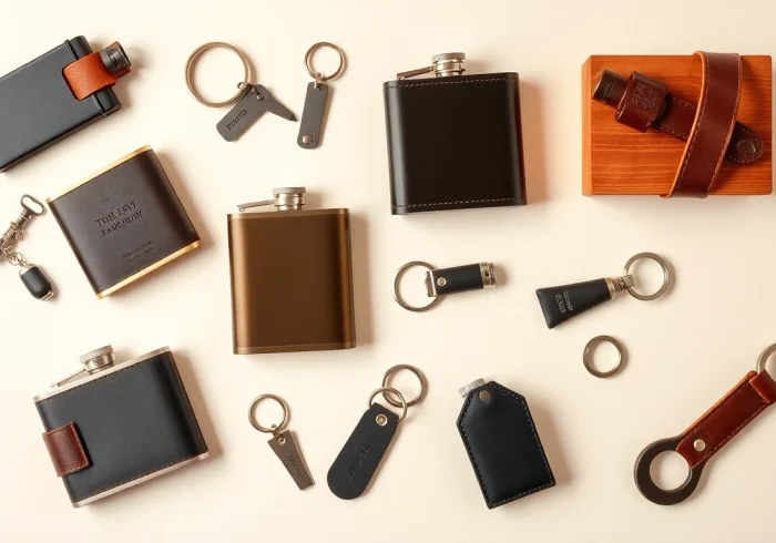 Explore unique cheap groomsmen gifts including personalized flasks and keychains arranged in a stylish layout.