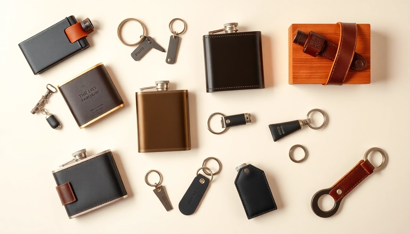 Explore unique cheap groomsmen gifts including personalized flasks and keychains arranged in a stylish layout.