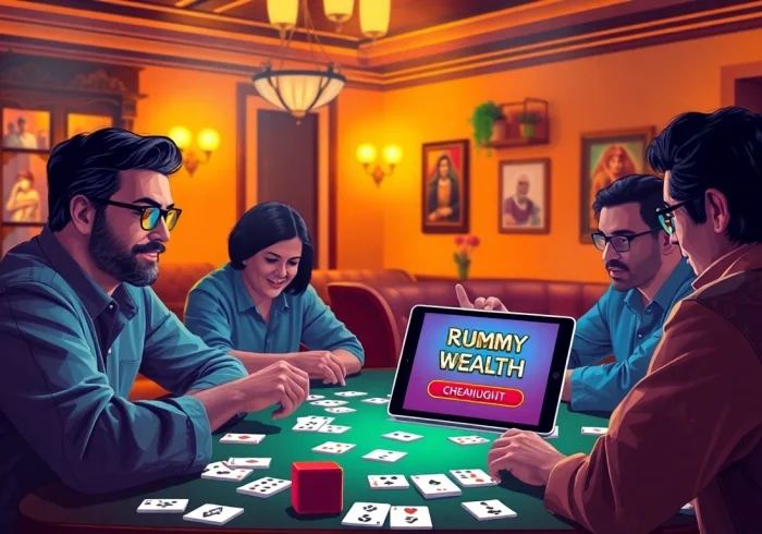 Enjoy rummy wealth game experience with players engaged in a friendly match in an inviting setting.