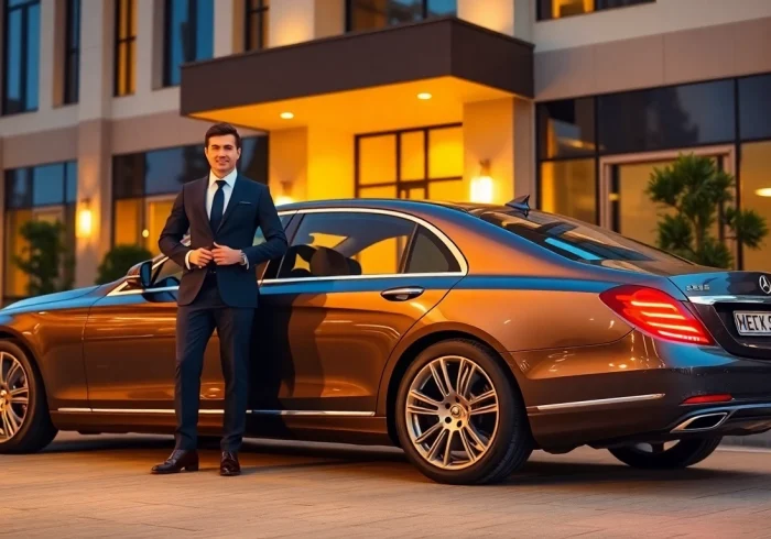 Professional chauffeur hire Kuala Lumpur: A chauffeur stands beside a luxury car outside a high-end hotel.