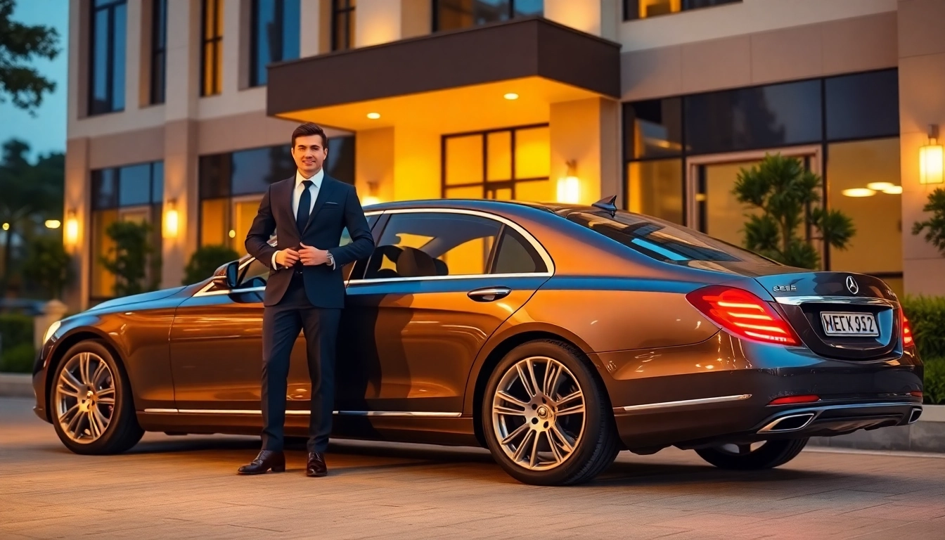 Professional chauffeur hire Kuala Lumpur: A chauffeur stands beside a luxury car outside a high-end hotel.