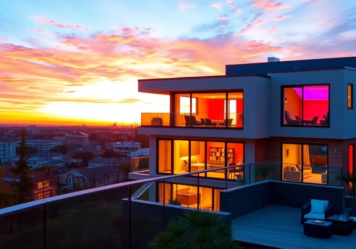 View an enticing Airbnb property for sale with modern design and sunset lighting.