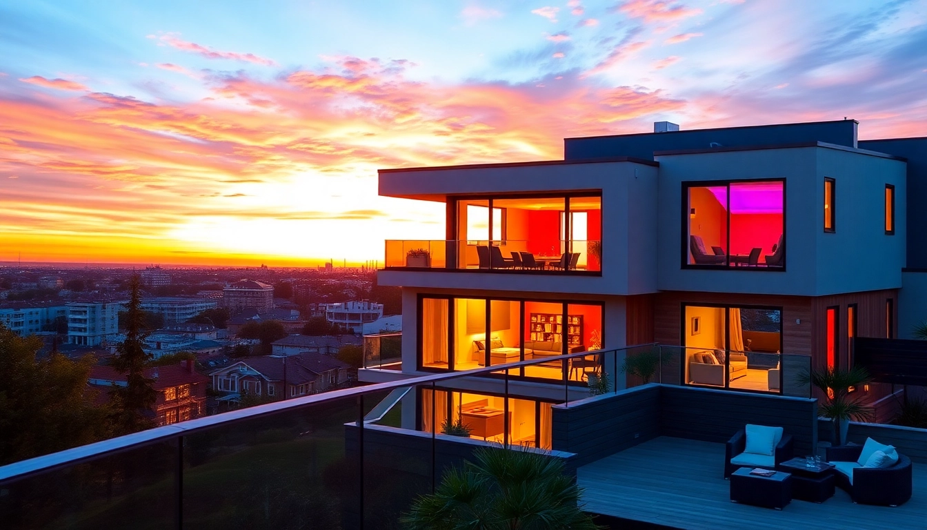 View an enticing Airbnb property for sale with modern design and sunset lighting.