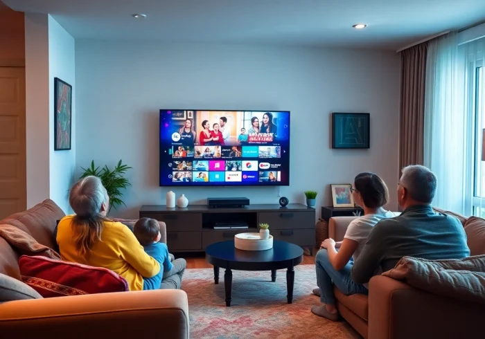 Engaging family viewing IPTV Suisse content on large screen in a cozy living room.