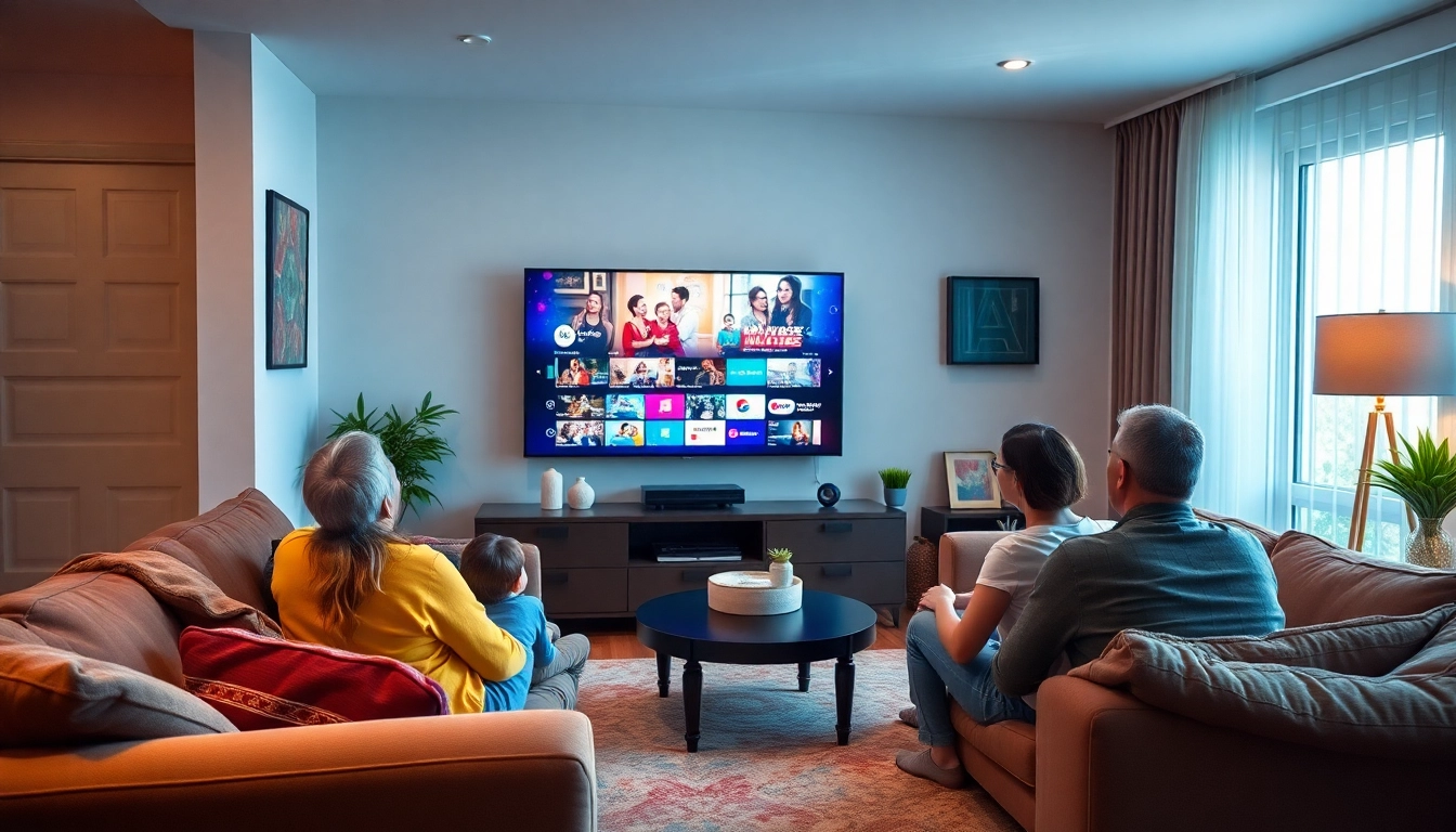 Engaging family viewing IPTV Suisse content on large screen in a cozy living room.