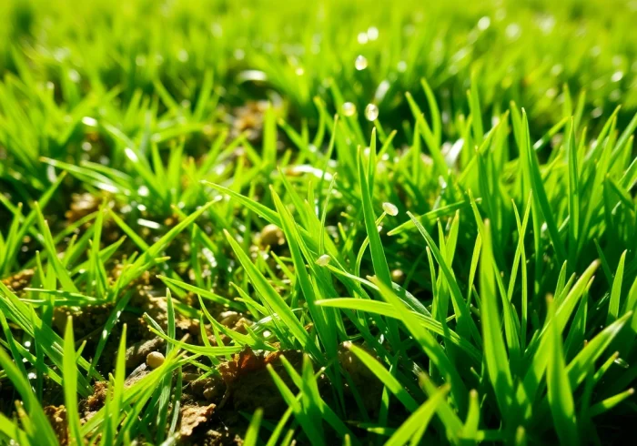 Over seeding techniques for lush lawns with grass seeds sprouting in sunlight.