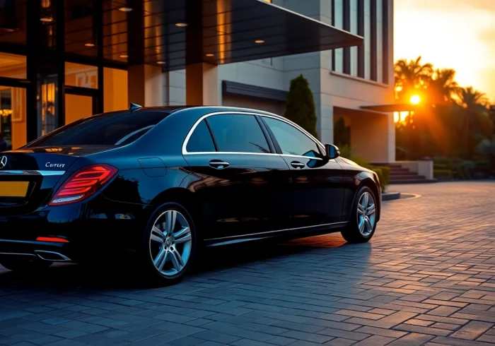 Experience a luxury private car service Nairobi with a sleek black sedan waiting at a premium hotel for elite customers.