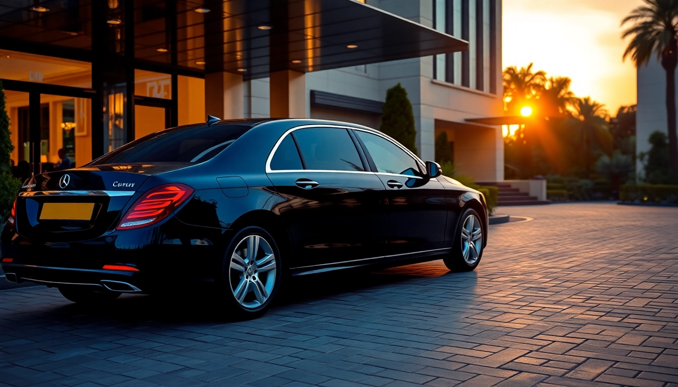 Experience a luxury private car service Nairobi with a sleek black sedan waiting at a premium hotel for elite customers.