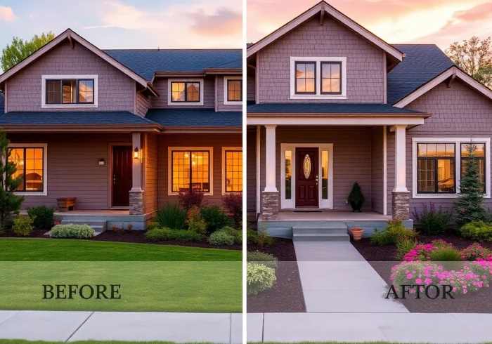 Exterior renovations showcasing a modernized home with fresh siding and colorful landscaping for curb appeal.