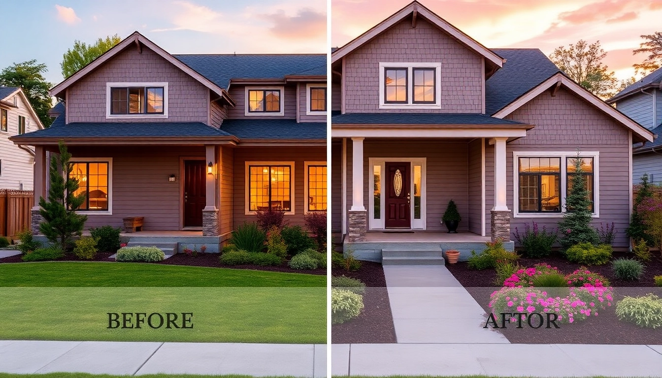 Exterior renovations showcasing a modernized home with fresh siding and colorful landscaping for curb appeal.