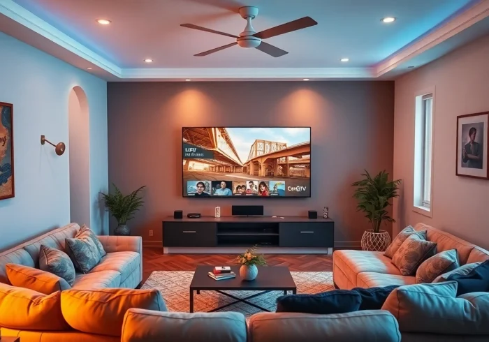 Enhance your IPTV Suisse experience with a cozy living room showcasing modern entertainment.