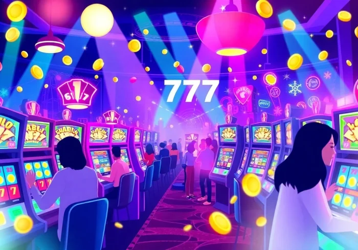 Engage with exciting สล็อต777 slot machines surrounded by colorful lights and enthusiastic players.