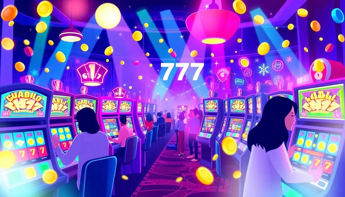 Engage with exciting สล็อต777 slot machines surrounded by colorful lights and enthusiastic players.