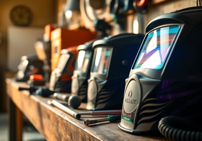 Showcase welding supplies, including helmets and tools, arranged on a workbench, highlighting their quality.