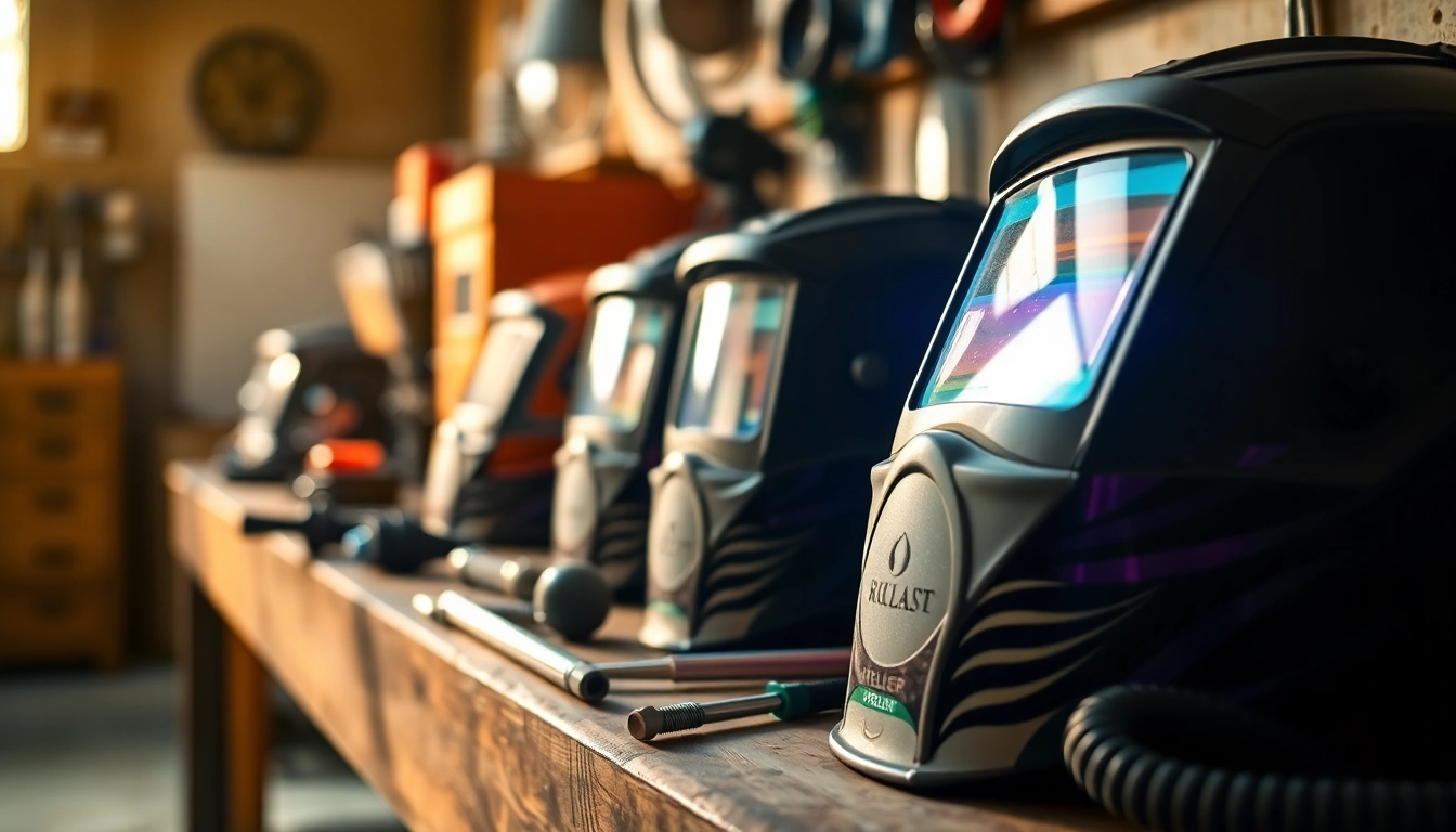 Showcase welding supplies, including helmets and tools, arranged on a workbench, highlighting their quality.