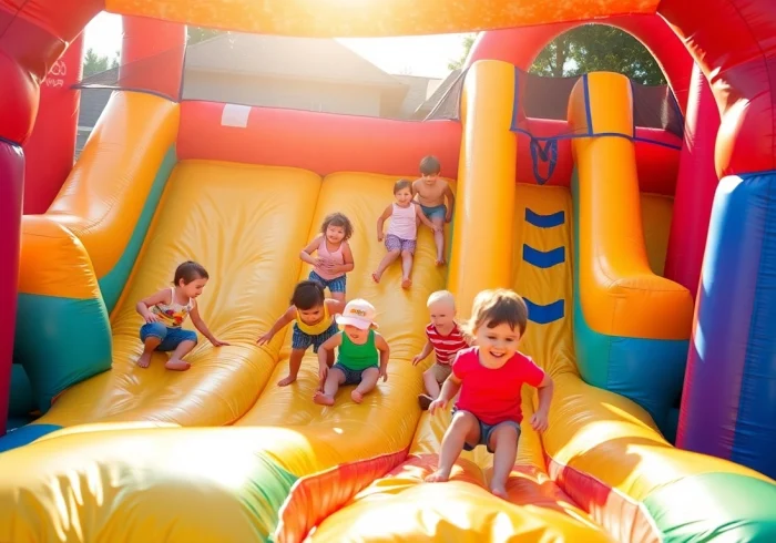 Children enjoying a fun slide rental during a summer party in a sunny backyard.