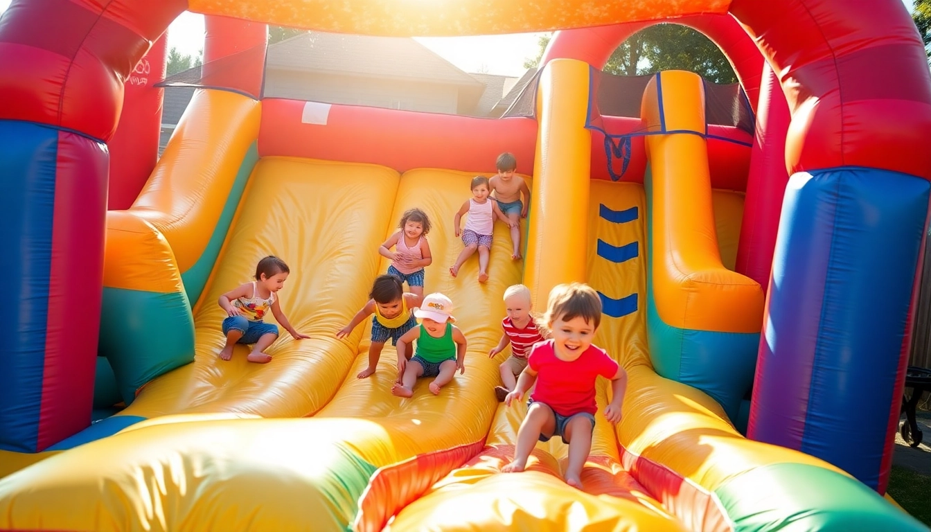 Children enjoying a fun slide rental during a summer party in a sunny backyard.