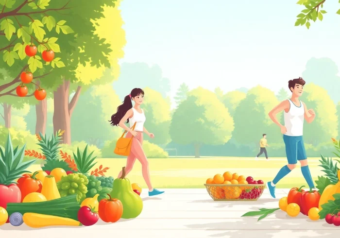 HealthLifeHerald showcases a vibrant scene highlighting healthy living with fruits, vegetables, and active individuals.