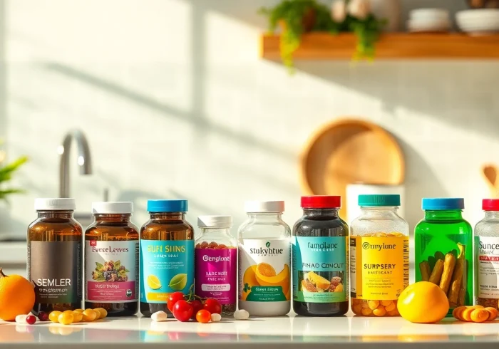 Showcase of dietary supplements with vibrant bottles on a kitchen counter promoting health and wellness.