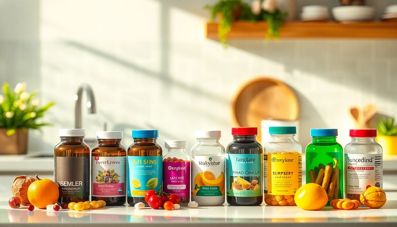 Showcase of dietary supplements with vibrant bottles on a kitchen counter promoting health and wellness.