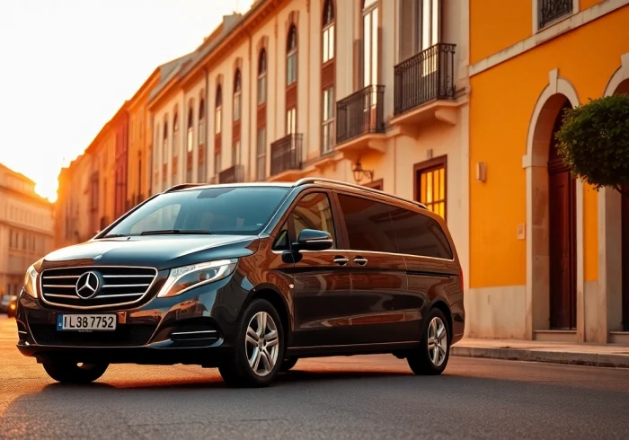 Luxury hire chauffeur Lisbon presenting an elegant vehicle in a scenic Lisbon sunset.