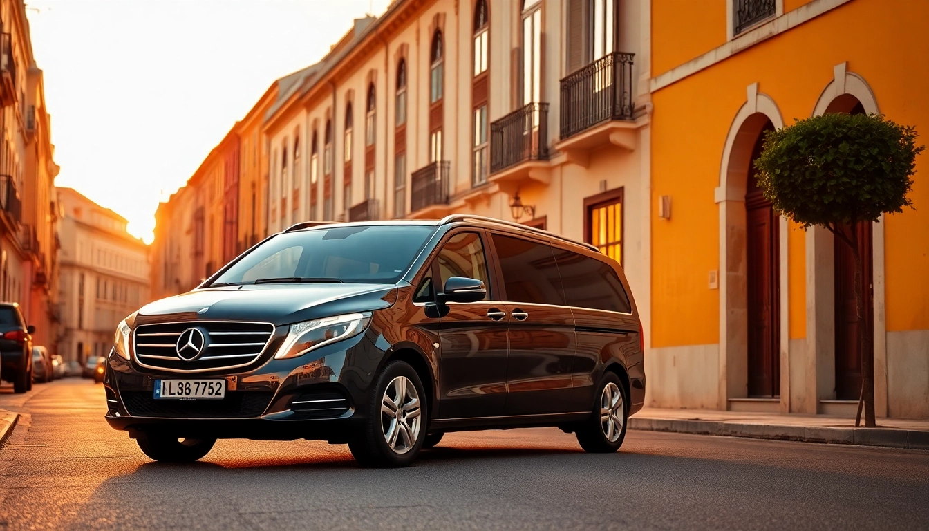 Luxury hire chauffeur Lisbon presenting an elegant vehicle in a scenic Lisbon sunset.