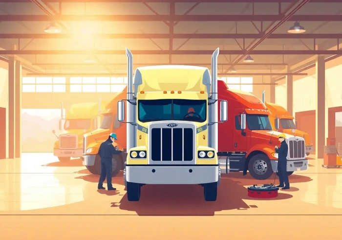 Heavy-duty truck repair Florida with skilled mechanics servicing trucks in bright, professional workshop.