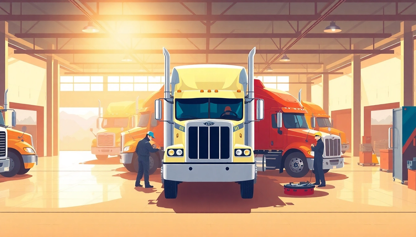 Heavy-duty truck repair Florida with skilled mechanics servicing trucks in bright, professional workshop.