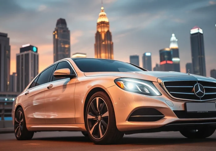 Experience professional chauffeur hire Kuala Lumpur with a luxurious car amidst the vibrant city skyline.