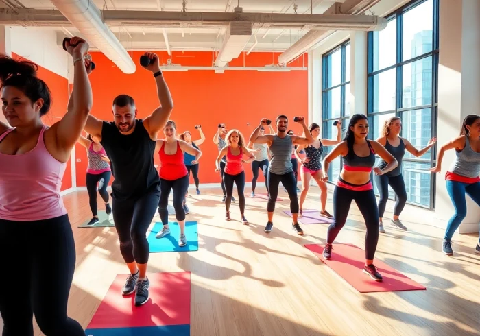 Participants engaging in Downtown Jersey City Training, showcasing vibrant energy and diversity in a fitness class atmosphere.