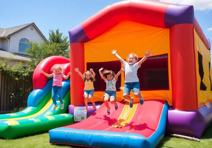 Bouncing house filled with joyful kids jumping and playing in a sunny backyard setting.