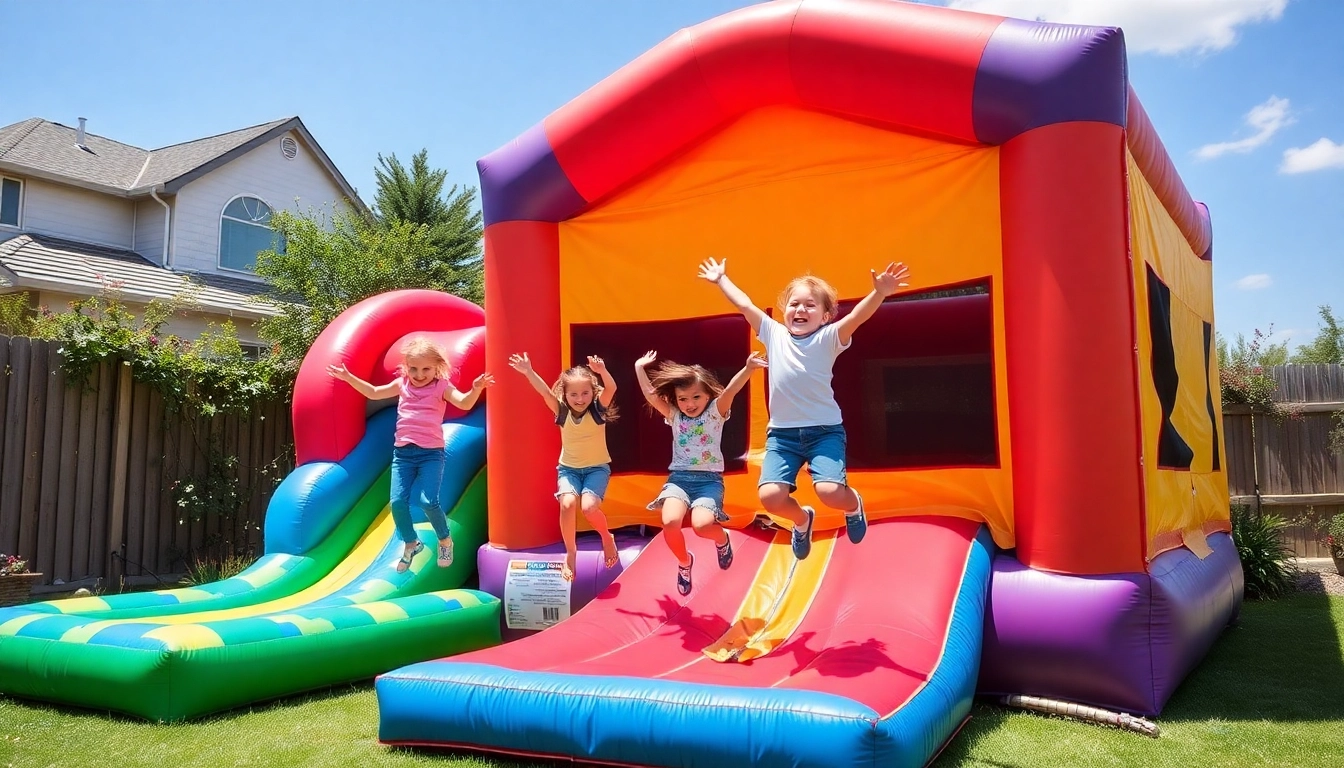 Bouncing house filled with joyful kids jumping and playing in a sunny backyard setting.