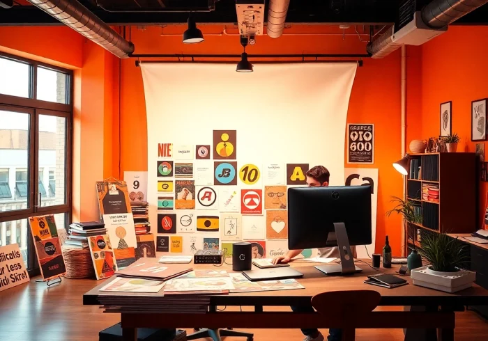 Create stunning Custom Graphic Design pieces in a lively studio, showcasing printed artwork and a designer at work.