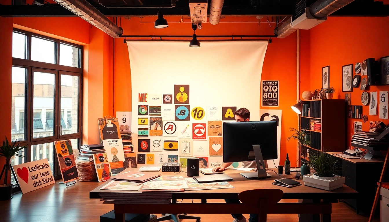 Create stunning Custom Graphic Design pieces in a lively studio, showcasing printed artwork and a designer at work.