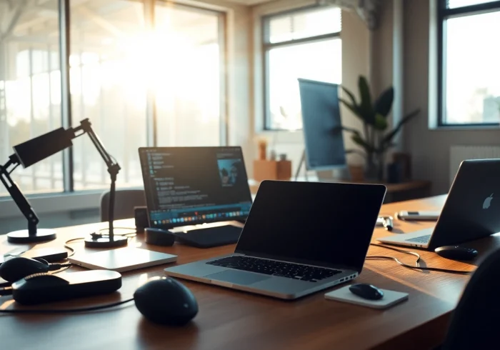 Tech workspace with sleek gadgets and laptop in a bright environment