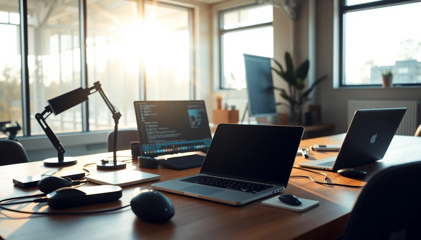 Tech workspace with sleek gadgets and laptop in a bright environment