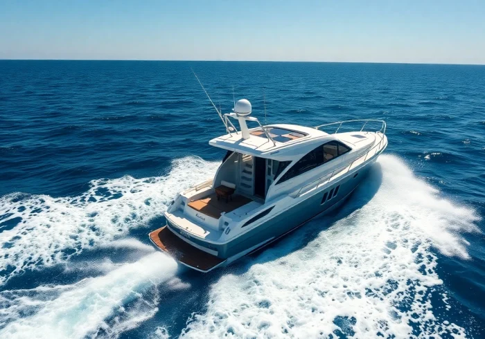 Catch the thrill of a 40 foot boat speeding across calm waters, showcasing its modern design and vibrant colors.