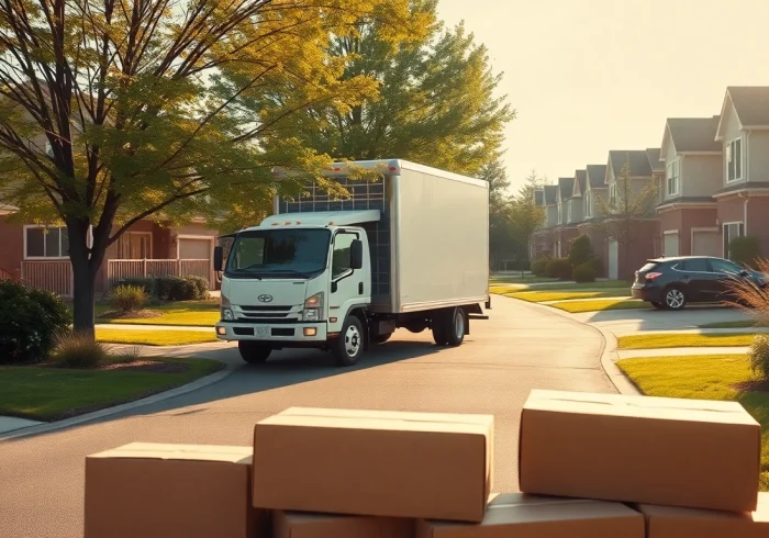 Arrange a smooth move with Bradford removal service, featuring a cheerful moving truck amidst packed boxes.